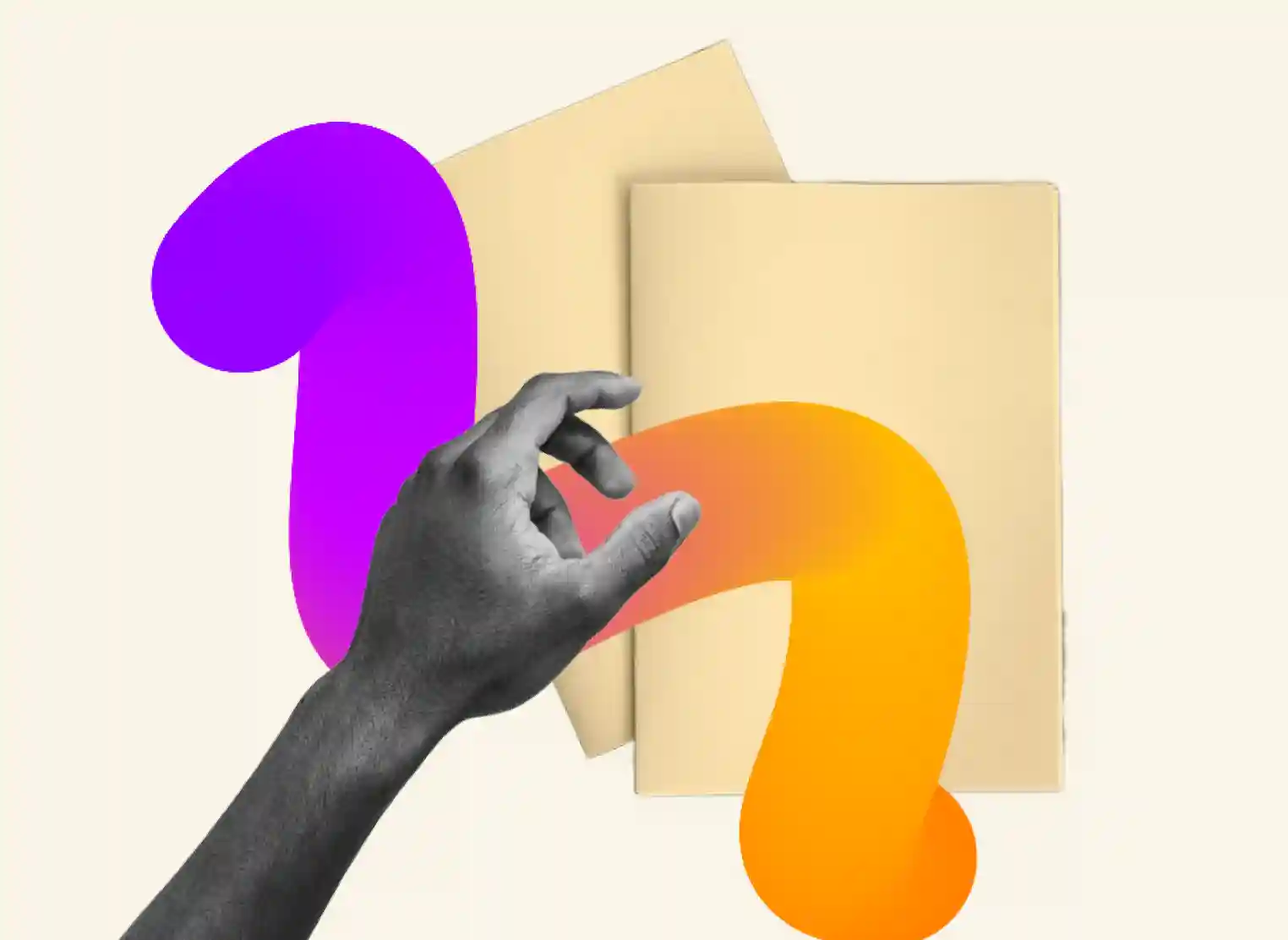 Hand reaching toward folders with graphics.