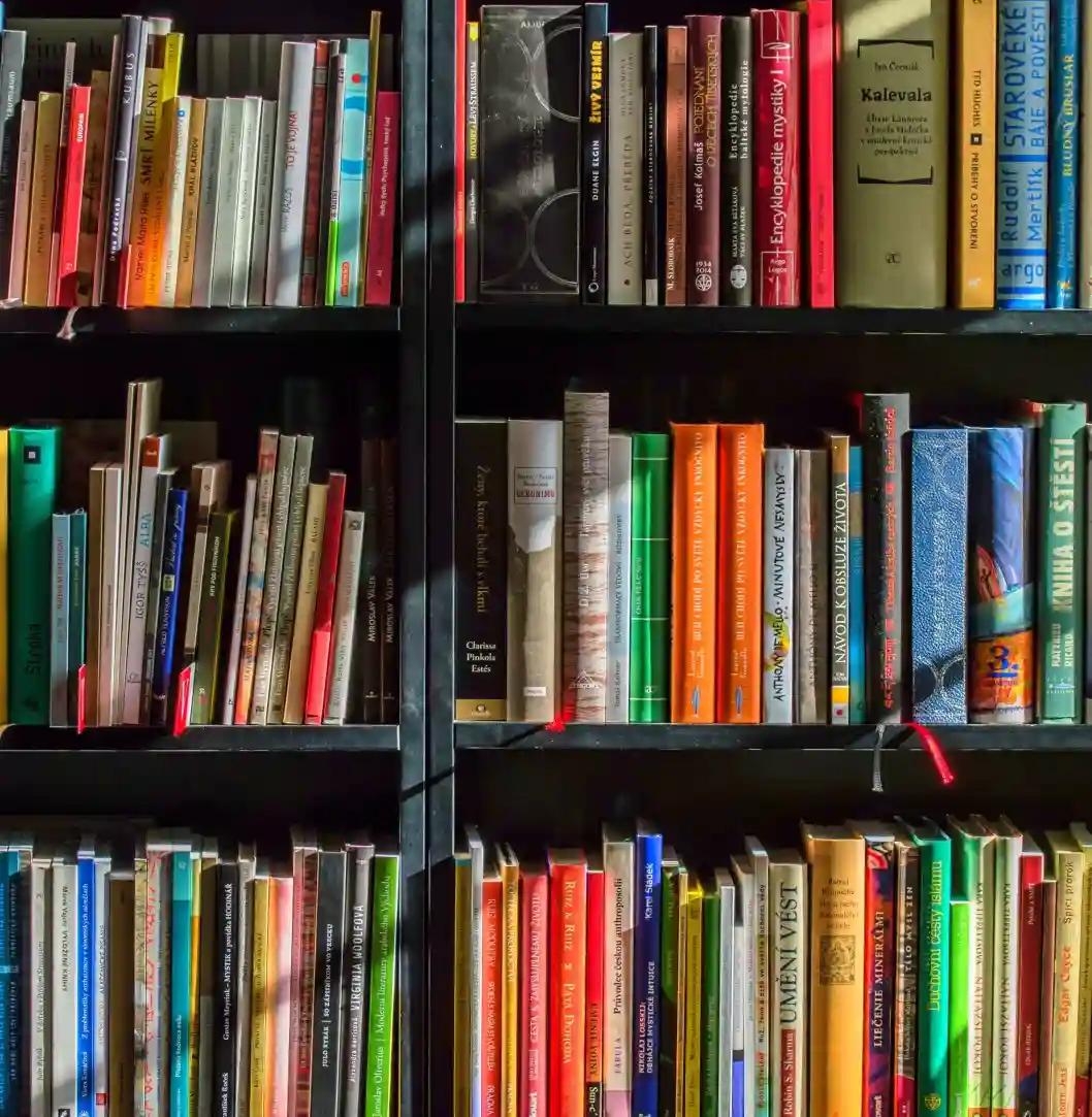 Close-up of library bookshelves with books.