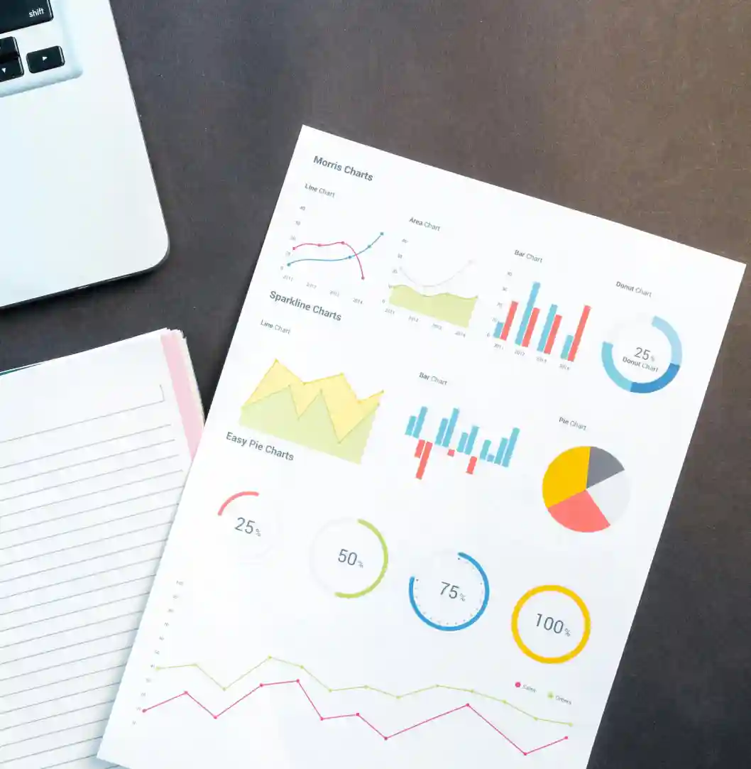 A printed sheet displaying various types of charts including line, area, bar, pie, donut, and sparkline charts, placed on a table next to a laptop and a notebook.