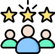 Icon of three people with three stars above them, representing ratings or feedback.