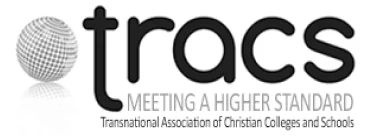 "TRACS logo with globe icon, 'Meeting a Higher Standard' tagline, and 'Transnational Association of Christian Colleges and Schools' text."