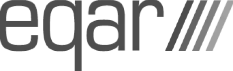 Grayscale version of the eqar logo with the name 'eqar' followed by three diagonal stripes