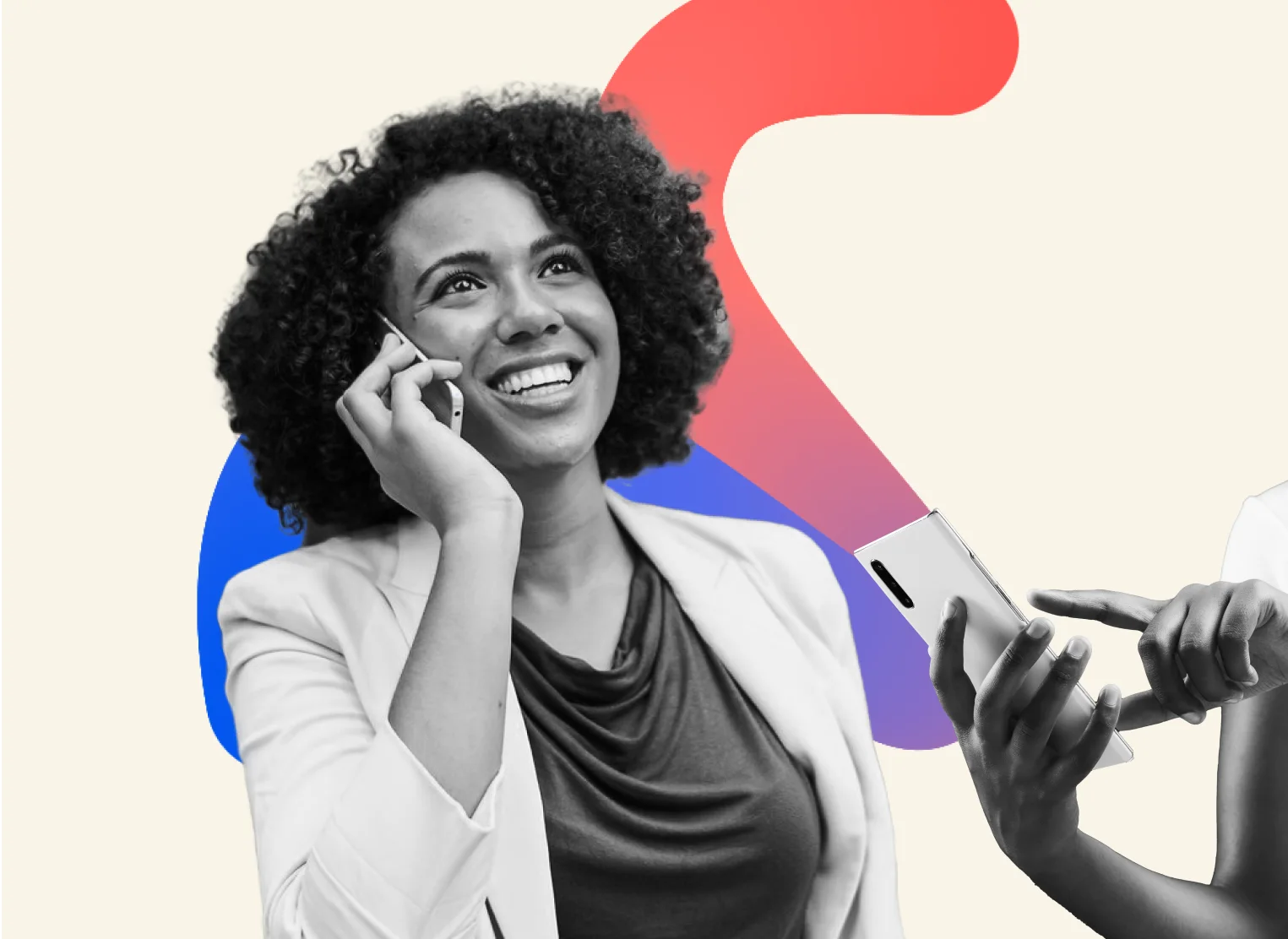 Smiling woman talking on the phone with a colorful abstract background, while another person is holding a smartphone.