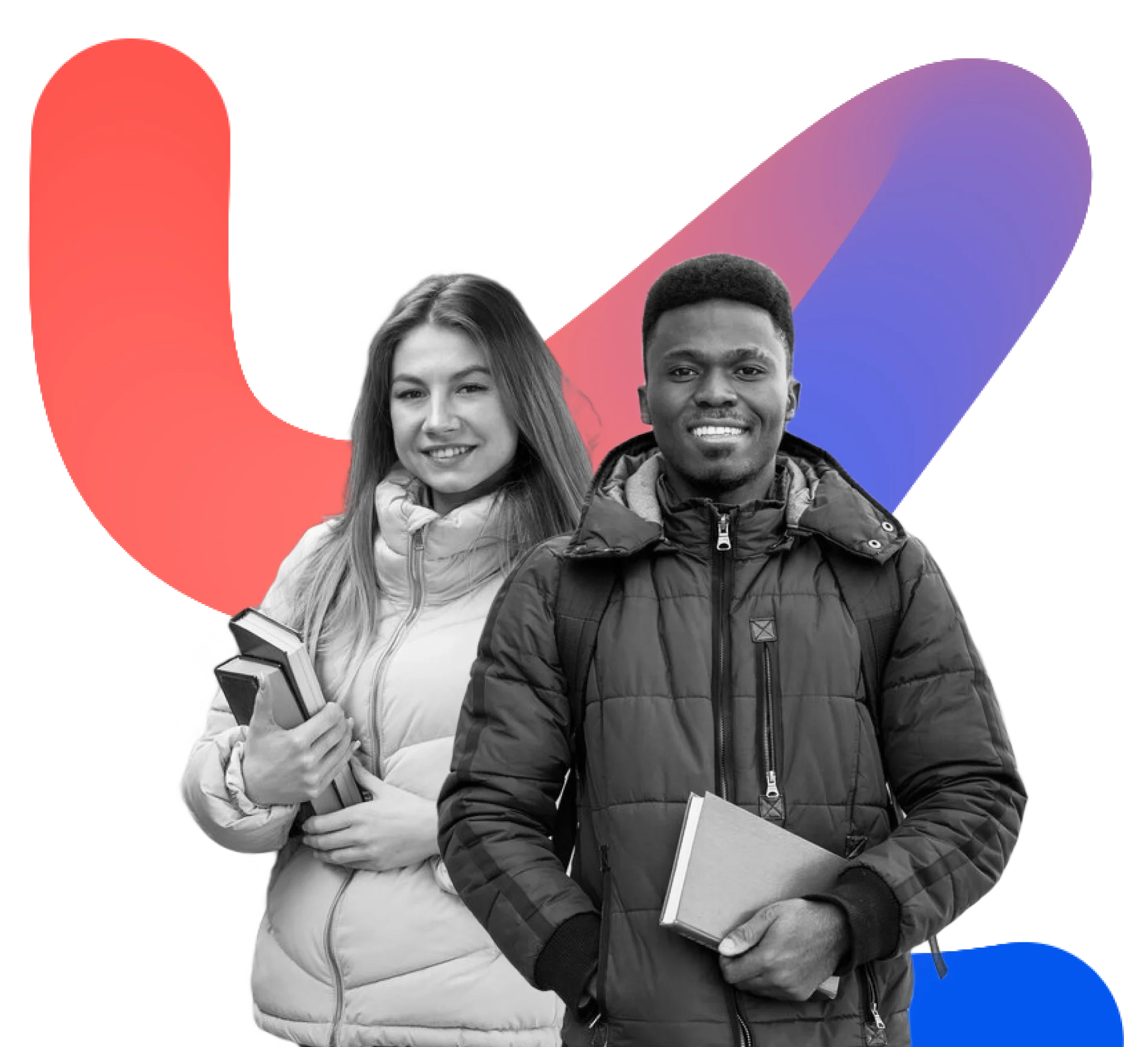 Smiling male and female students holding books, with abstract colorful shapes in the background.